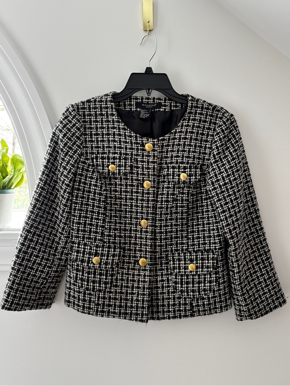 Sandro Bouclé Tweed Lady Jacket Gold Button Black White Size S Old Money Preppy - Picture 2 of 8